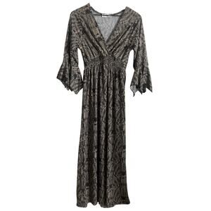 Lapogee Witchy Fall Geometric Black Tan Pattern Bell Sleeve V-Neck Maxi Dress